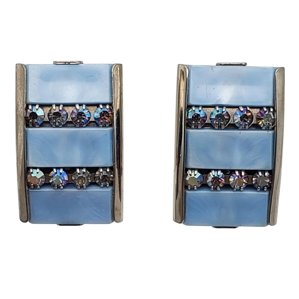 Kramer Blue Lucite AB Rhinestone Clip Earrings 1960s Vintage Panel Silver Tone